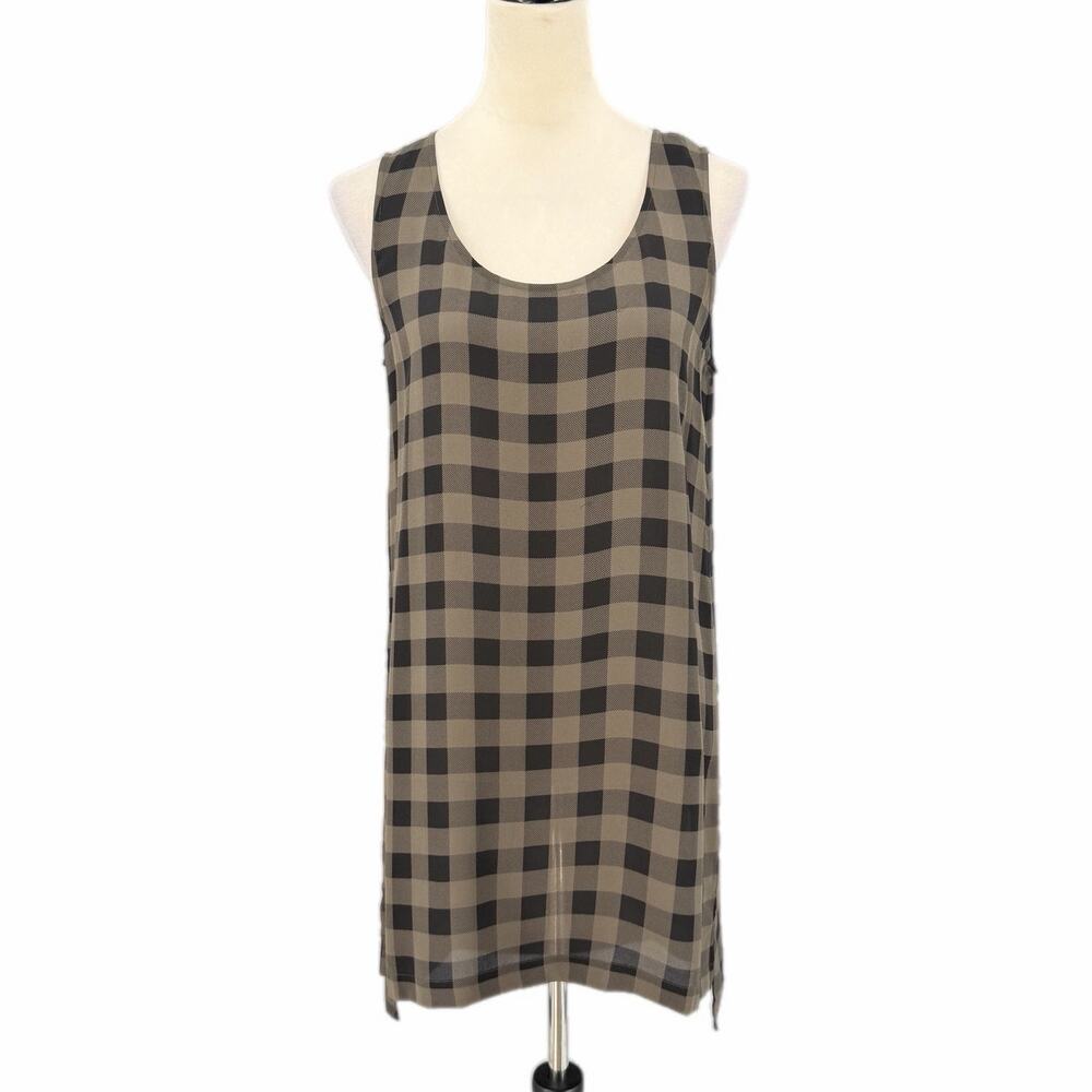 Eileen Fisher Black Green Buffalo Plaid 100% Silk Fall Checkered Tunic Blouse